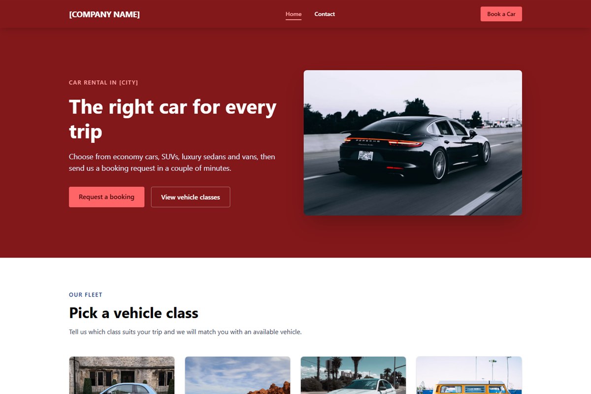 Homepage of the Car Rental Website: a dark red header, the headline “The right car for every trip”, booking buttons and a photo of a black sedan.