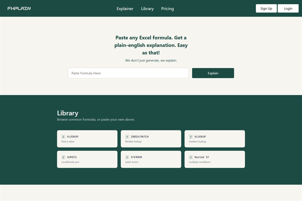 Homepage of Fxplain: a dark green header, a formula box with an Explain button, and a library of common Excel formulas such as VLOOKUP and XLOOKUP.