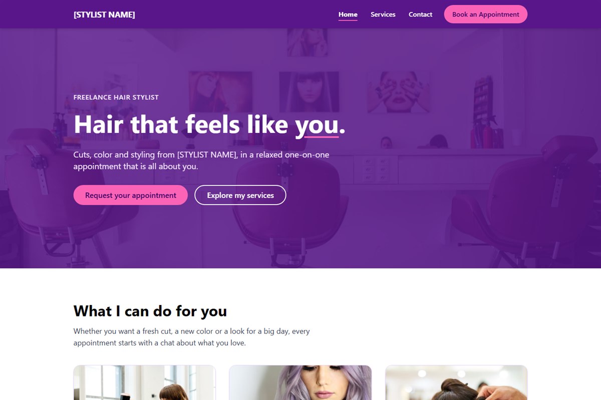 Homepage of the Hair Stylist Website: a purple header over a salon interior, the headline “Hair that feels like you.” and appointment booking buttons.